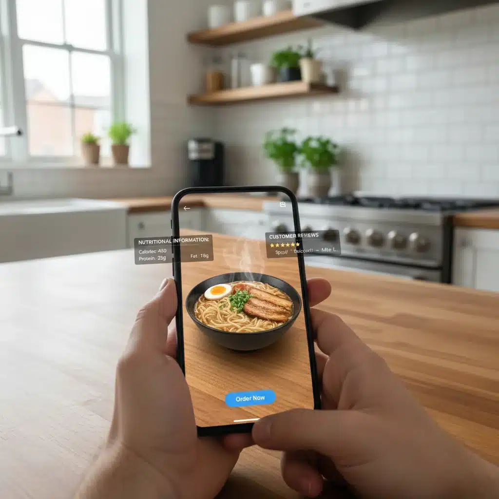 Smartphone showing an augmented reality food preview feature on a delivery app.