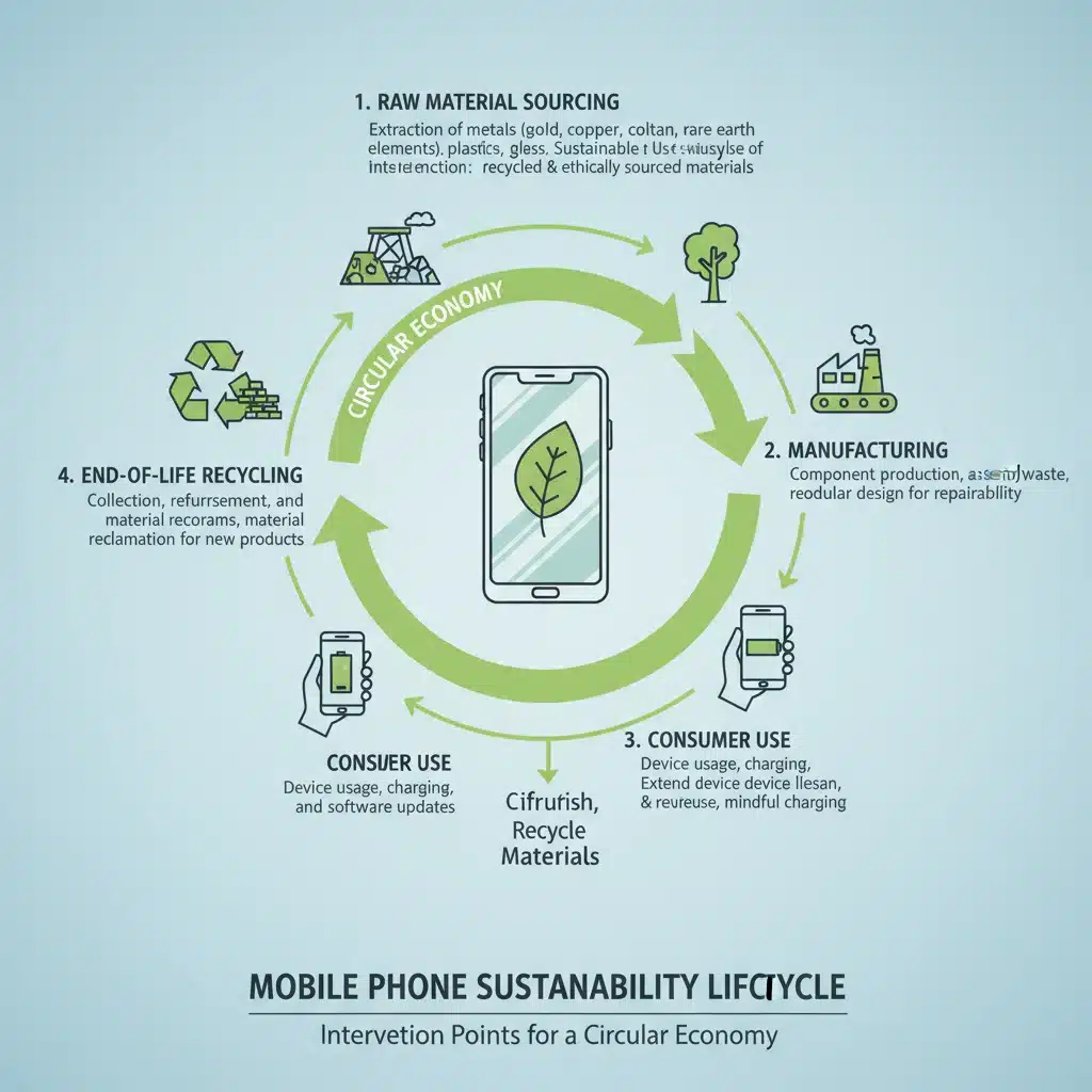 Infographic illustrating the circular economy model for mobile phone lifecycle