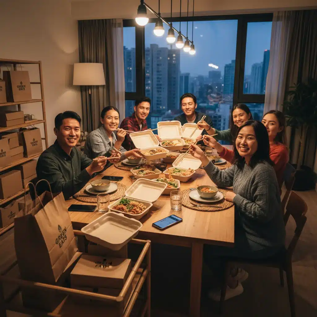 Friends enjoying a delivered meal at home, with eco-friendly packaging visible.