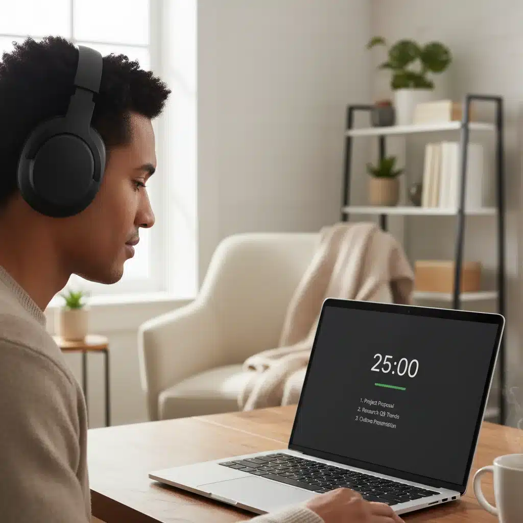 Person focused on laptop with a focus-enhancing app in a home office