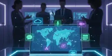 Futuristic digital workspace with productivity app icons and remote workers