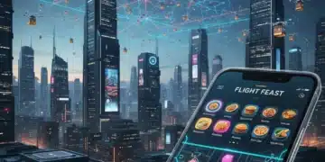 Futuristic food delivery drones in a city skyline at dusk, with a smartphone displaying a delivery app.