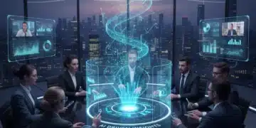 Futuristic meeting room with AI-powered holographic display for enhanced collaboration
