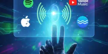 Futuristic music streaming interface with platform logos and digital sound waves.