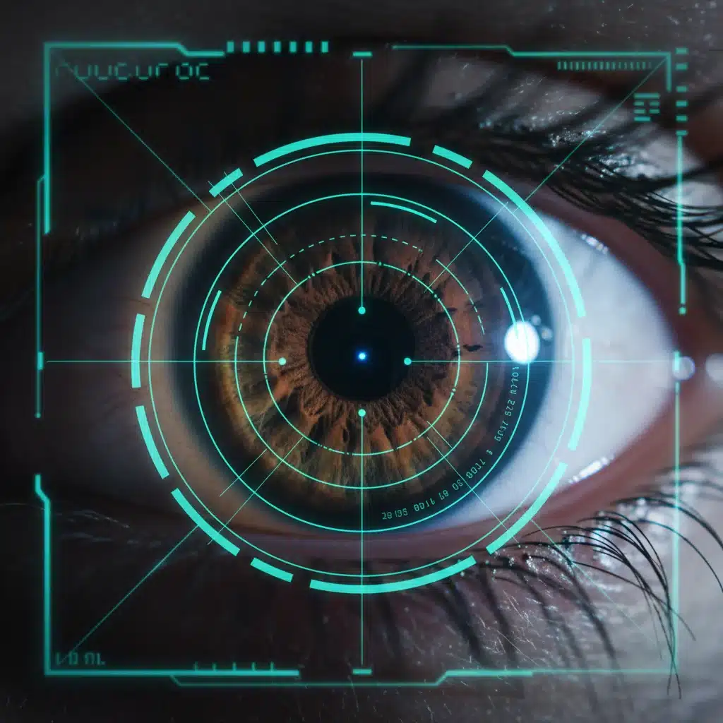 Close-up of an eye undergoing iris recognition for advanced biometric authentication.