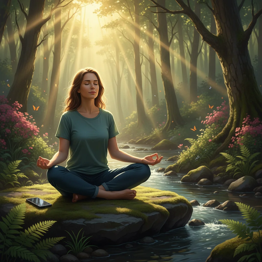 Person meditating in nature, achieving digital detox and mindfulness.