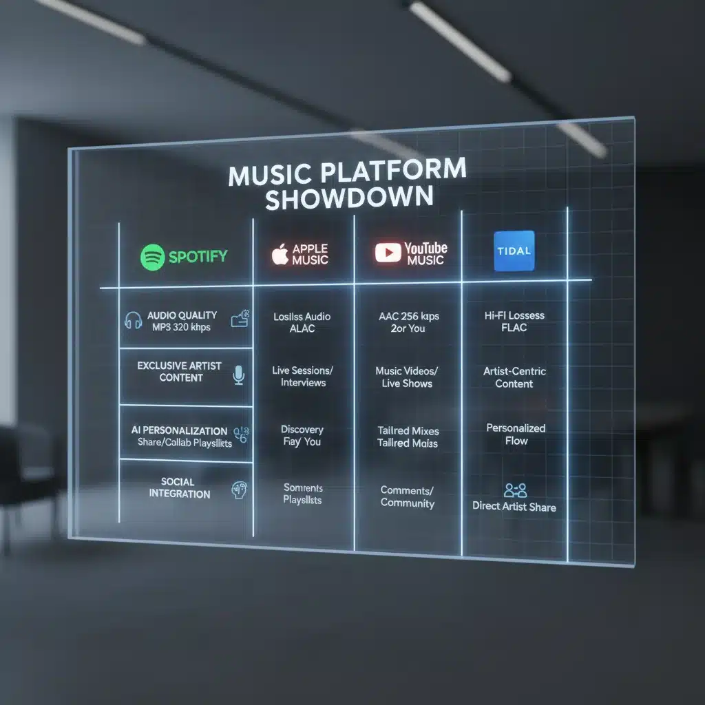 Infographic comparing key features of leading music streaming platforms.