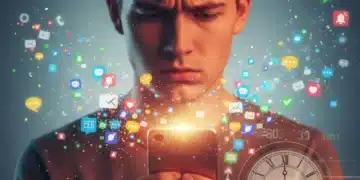 Frustrated person overwhelmed by smartphone notifications, seeking to reduce screen time.