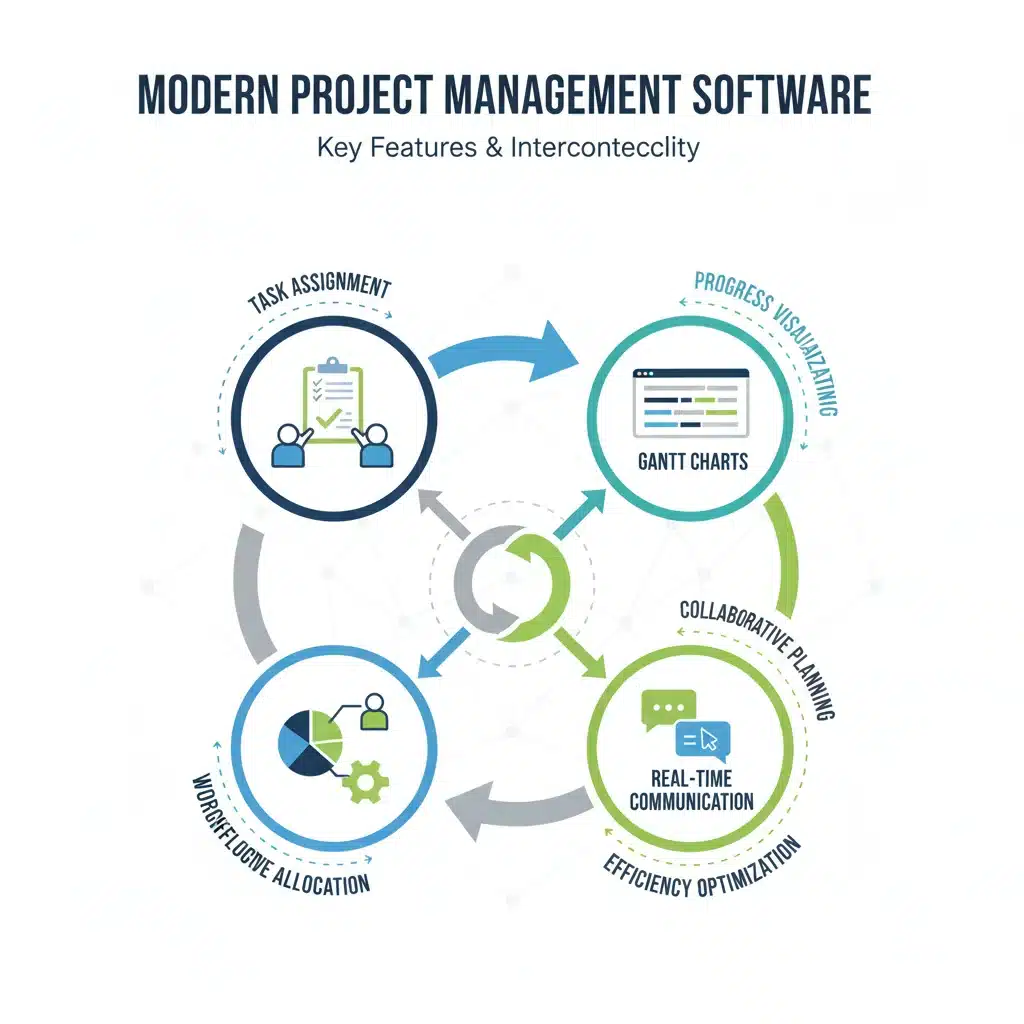 Infographic illustrating key features of project management software like task management and Gantt charts.