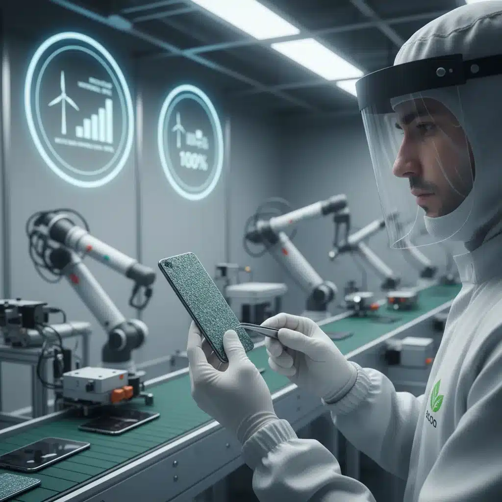 Worker inspecting mobile component made from recycled materials in a sustainable factory