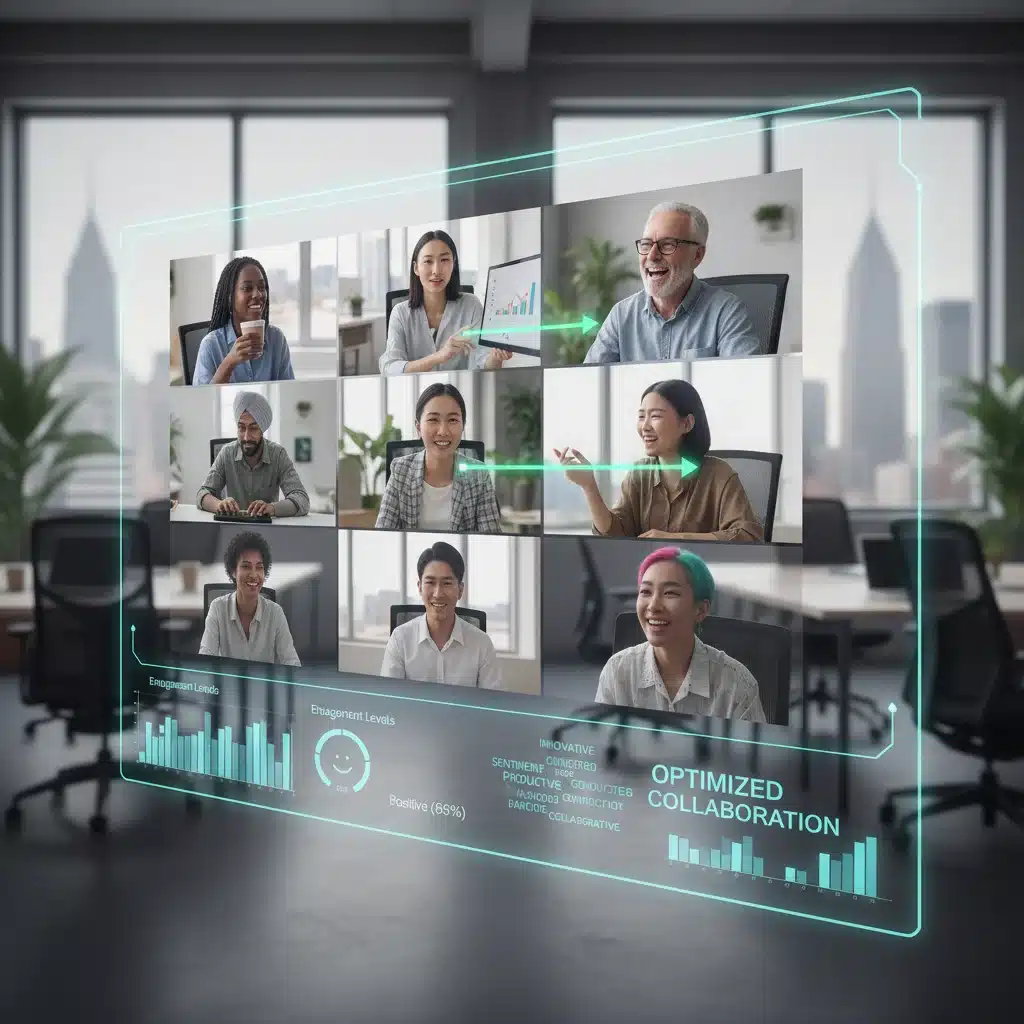 Remote team members in a virtual meeting with AI engagement analytics