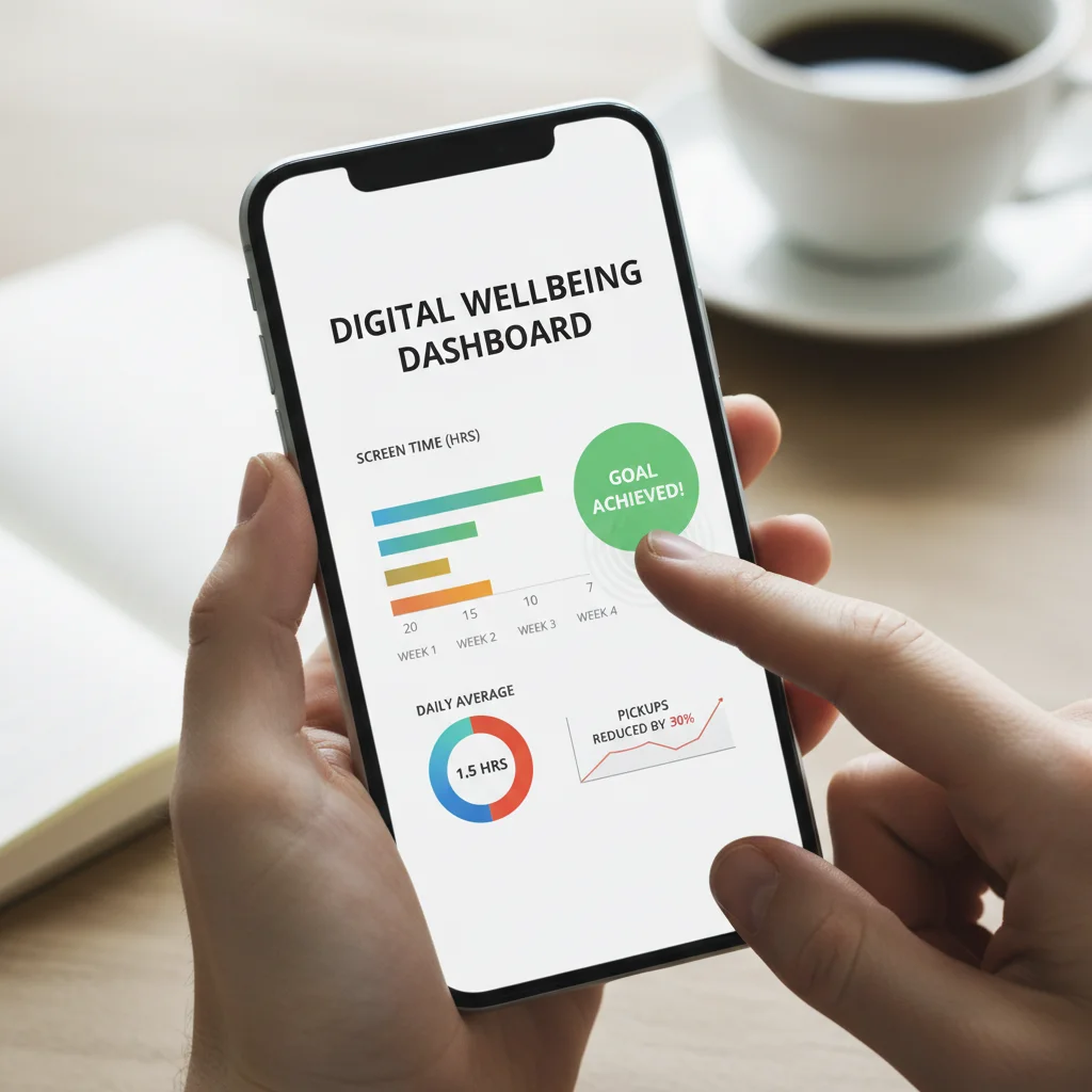 App dashboard showing successful screen time reduction with positive metrics.