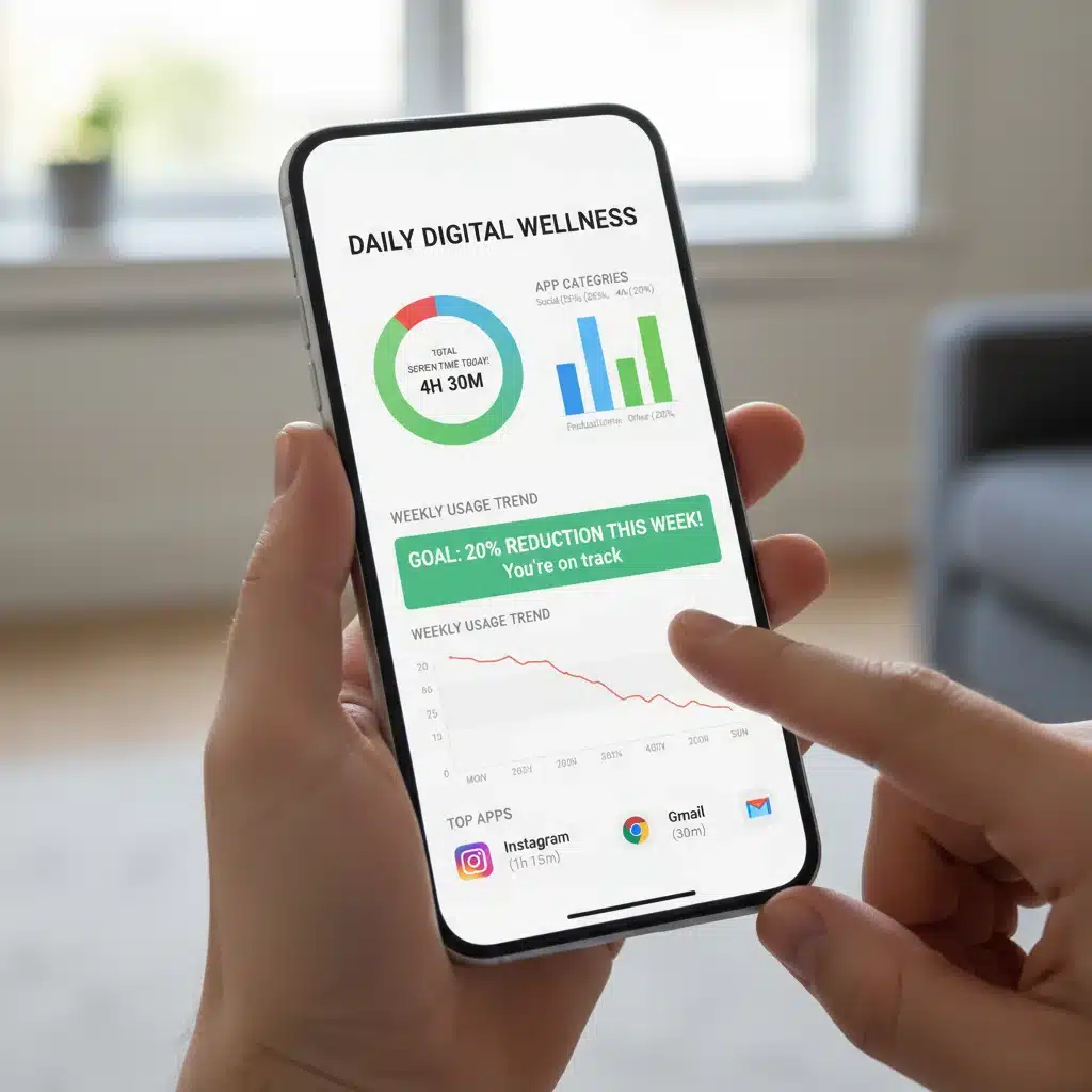 Smartphone screen displaying screen time tracking app dashboard with usage statistics