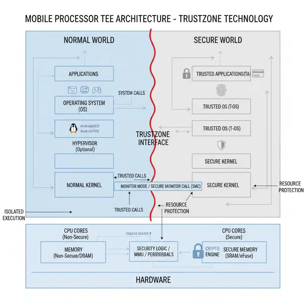 Diagram of Trusted Execution Environment (TEE) architecture, showing secure and normal worlds.