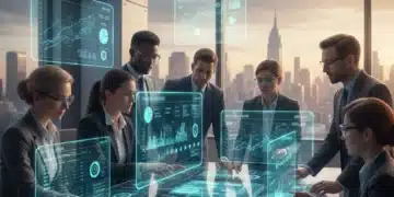 US managers collaborating on a futuristic project management dashboard, showcasing enhanced efficiency.