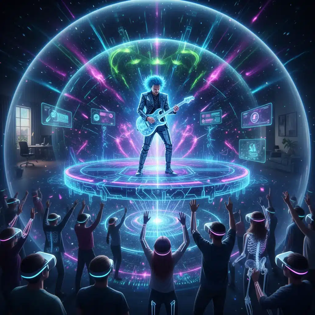 Virtual reality concert experience with musician avatar and immersed audience.