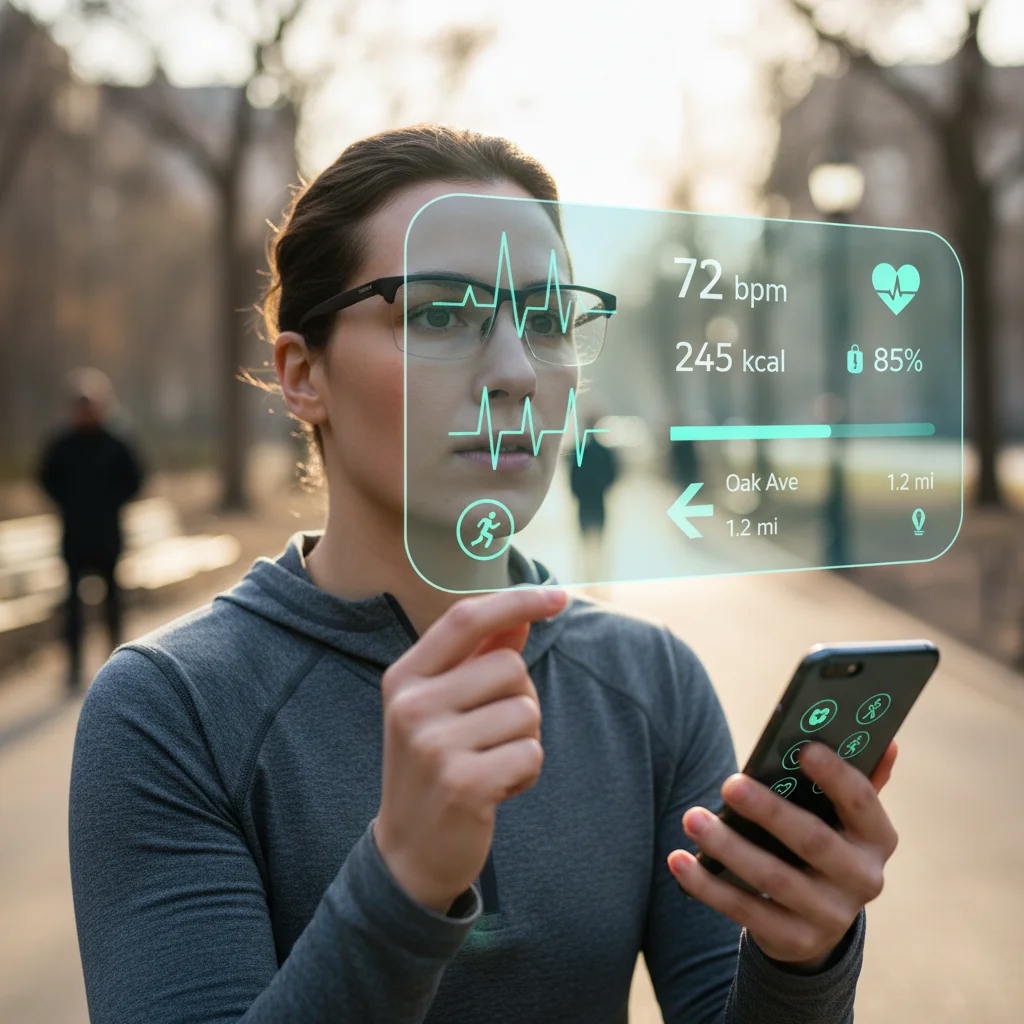 User interacting with AR glasses displaying health data, connected to a smartphone.