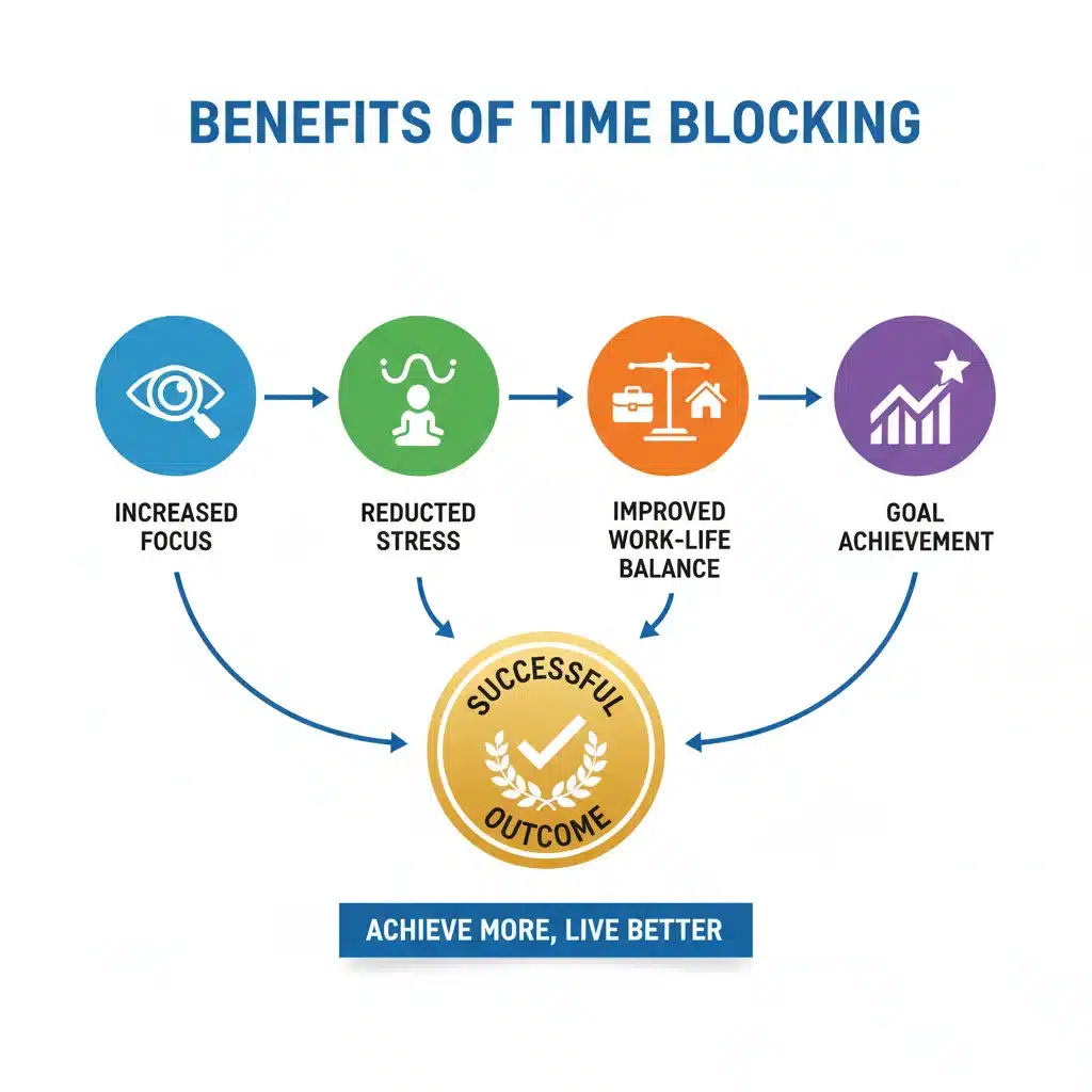 Infographic showing the positive impacts of time blocking on focus, stress, and work-life balance.