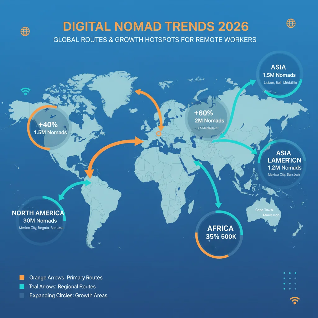 Global digital nomad migration patterns and popular destinations in 2026.