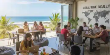 Digital nomads working remotely in a tropical co-working space by the beach.