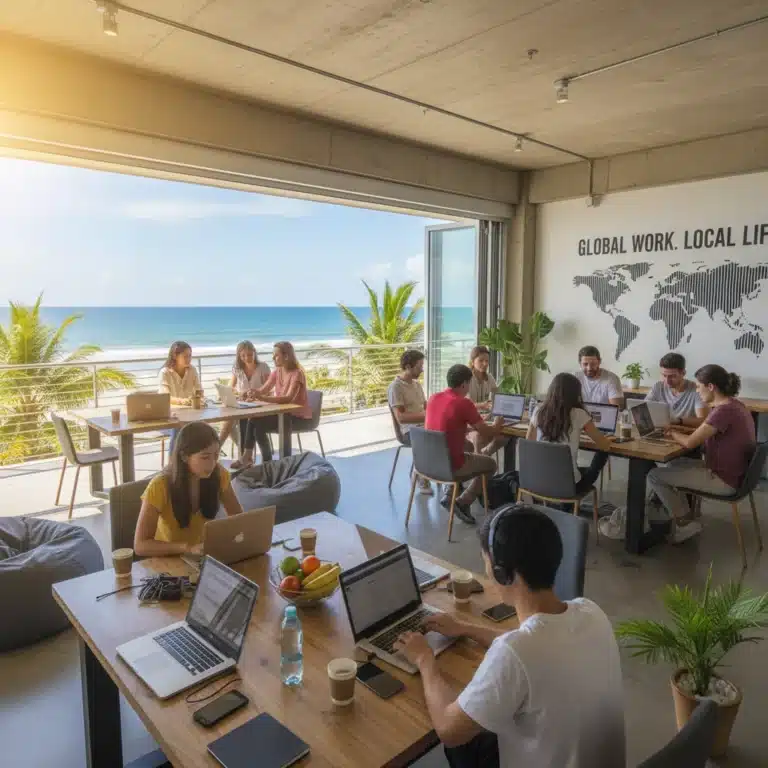 Digital nomads working remotely in a tropical co-working space by the beach.