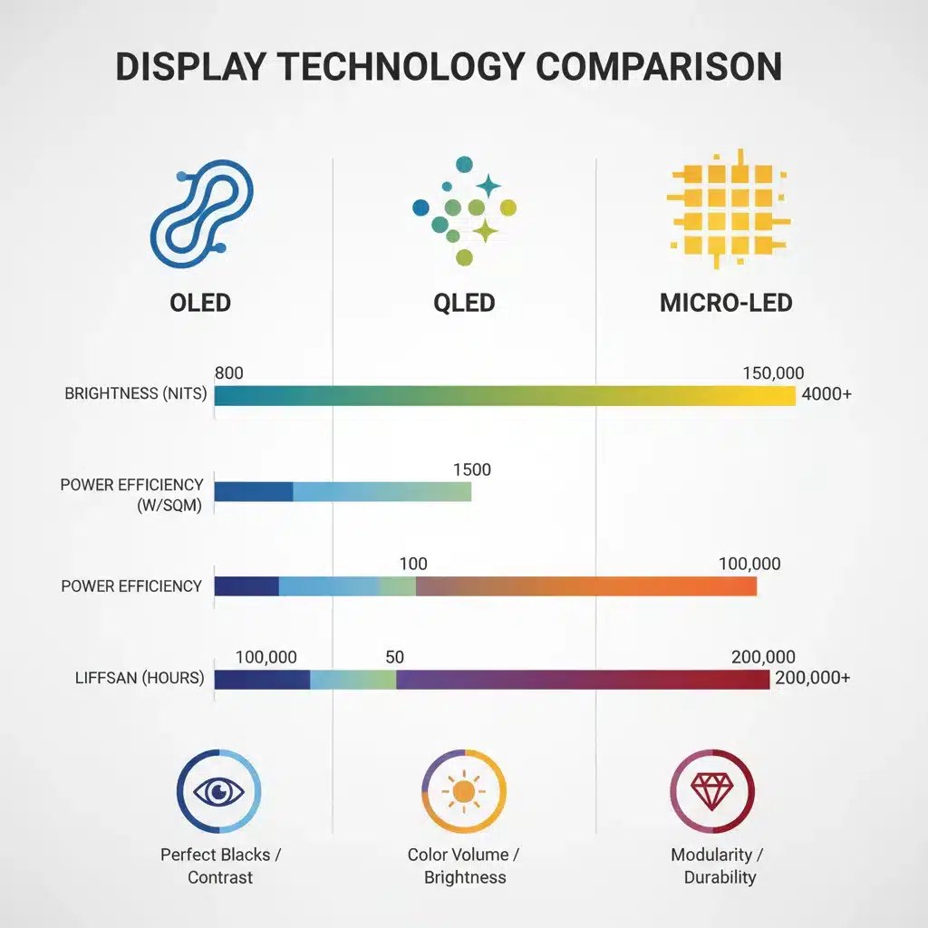 Comparative infographic showing performance metrics of OLED, QLED, and Micro-LED displays.