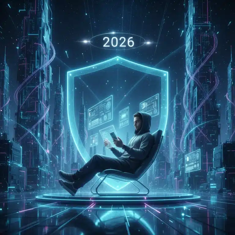 Futuristic digital shield protecting personal data across multiple smart devices in 2026.