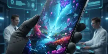 Futuristic smartphone with advanced Micro-LED display technology, showcasing vivid colors and high contrast.