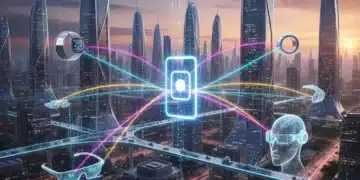 Futuristic smartphone integrating with diverse wearable devices in a connected cityscape.