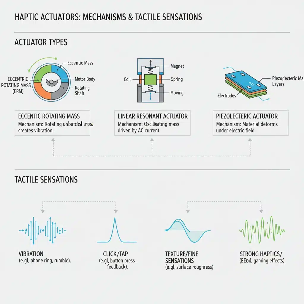 Diagram of haptic actuators and their tactile sensation mechanisms.