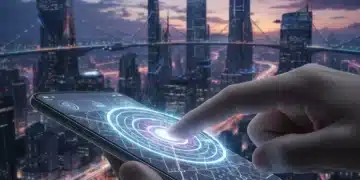 Hand interacting with a smartphone demonstrating haptic feedback, futuristic city background.