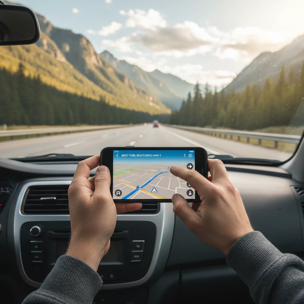 Person using navigation app in car on scenic highway