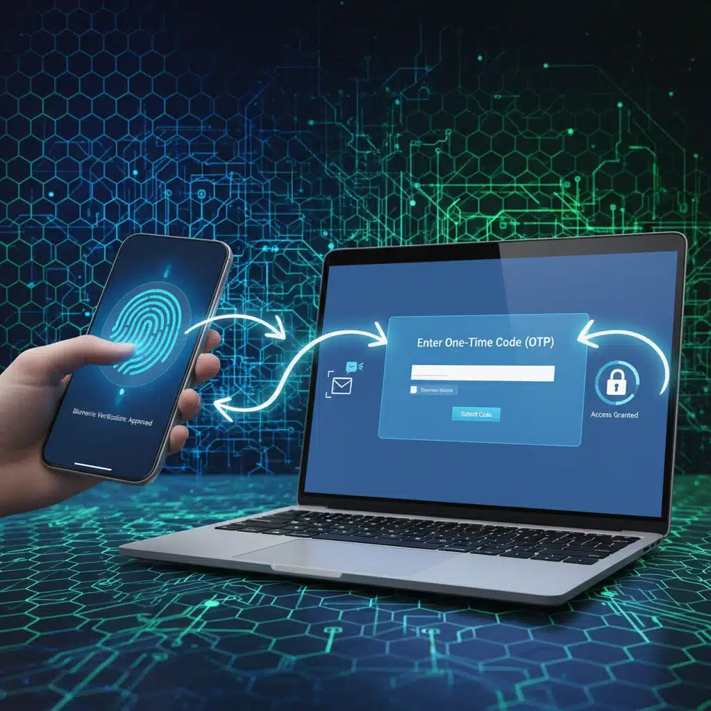 Multi-factor authentication graphic showing biometric and code verification on devices.