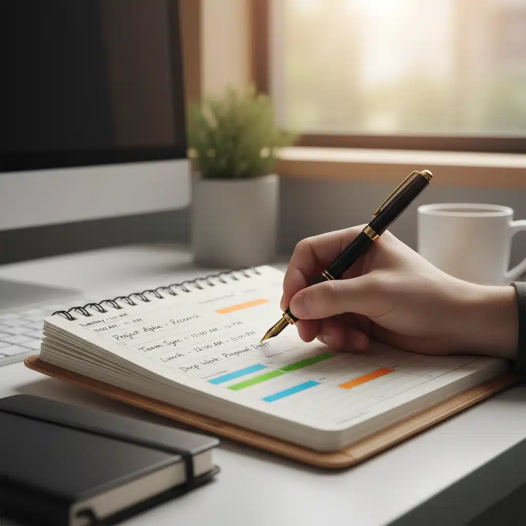 Hand writing detailed time blocks and tasks in a physical planner for daily organization.