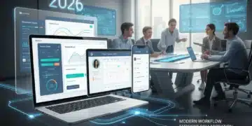 Illustration of three project management apps on different devices, used by a small business team in 2026.