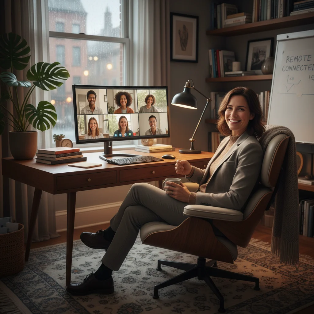 Remote worker engaged in a virtual meeting from a home office.