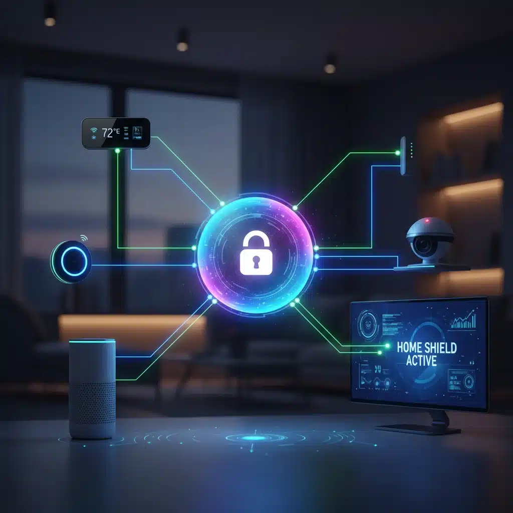 Secure smart home network with interconnected devices and a central protected hub.