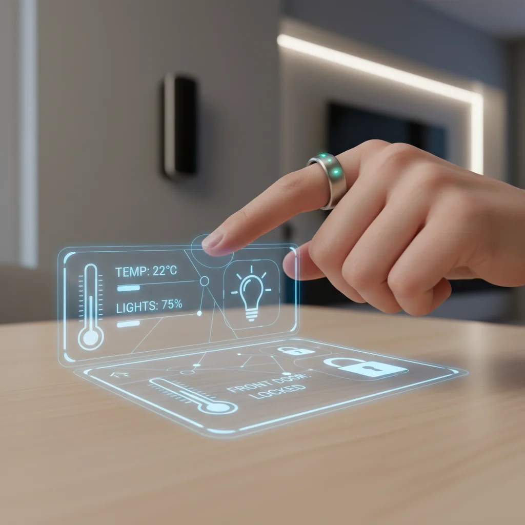 Smart ring controlling smart home devices via gesture interface.