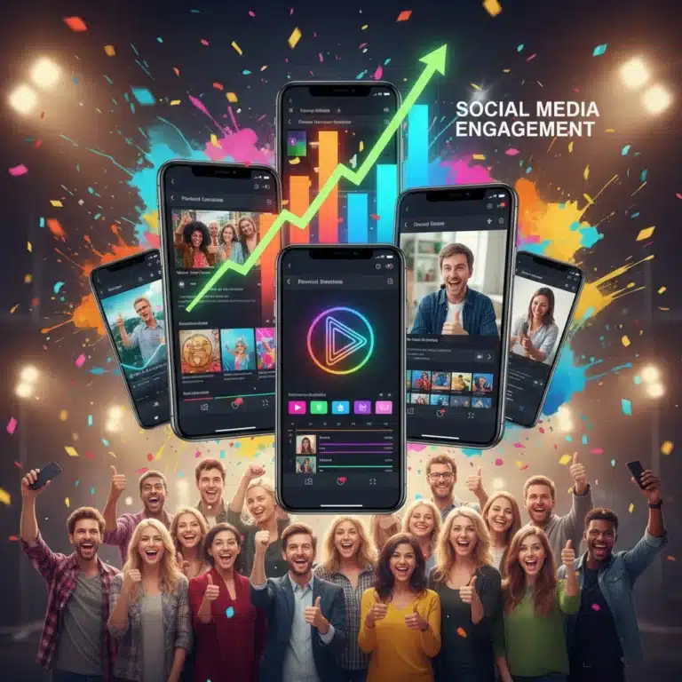 Mobile phones showcasing content creation apps with rising engagement graphs