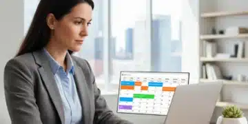 Professional US worker efficiently managing time with a color-coded digital calendar, demonstrating effective time blocking.