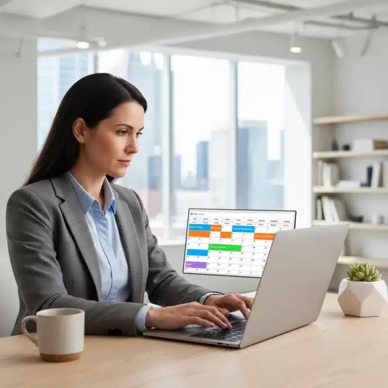 Professional US worker efficiently managing time with a color-coded digital calendar, demonstrating effective time blocking.