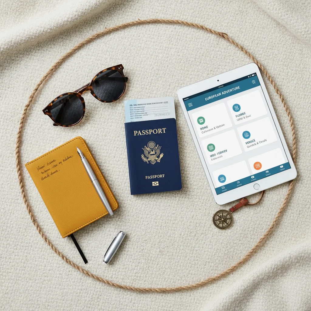 Travel essentials with tablet displaying trip planning app
