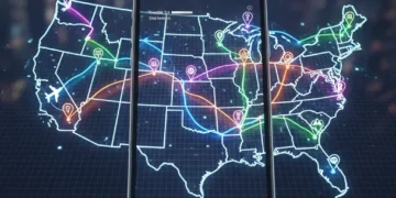 Digital map of USA with travel app interface on smartphone
