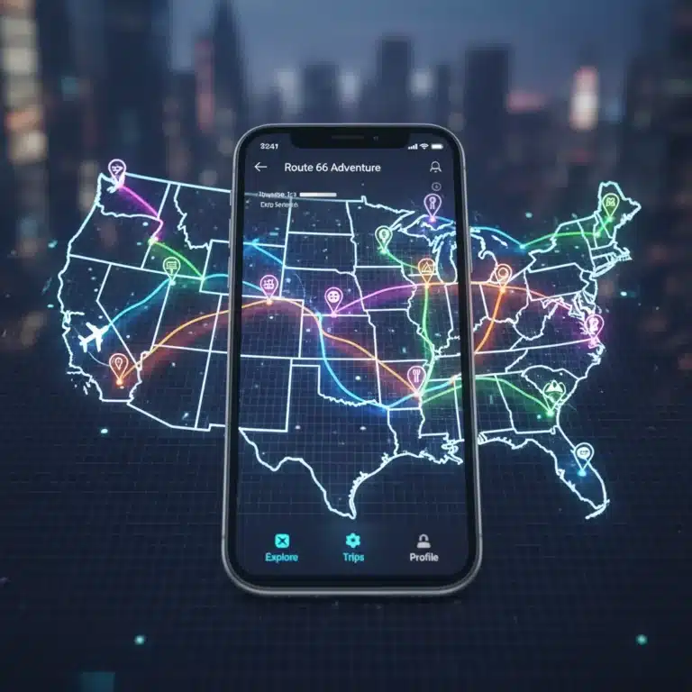 Digital map of USA with travel app interface on smartphone
