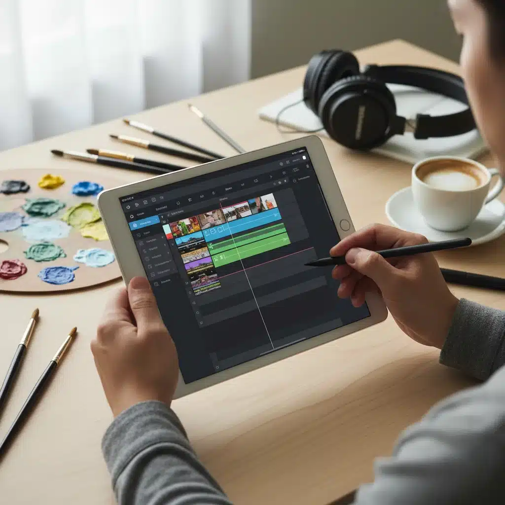 Person editing video on tablet with content creation app