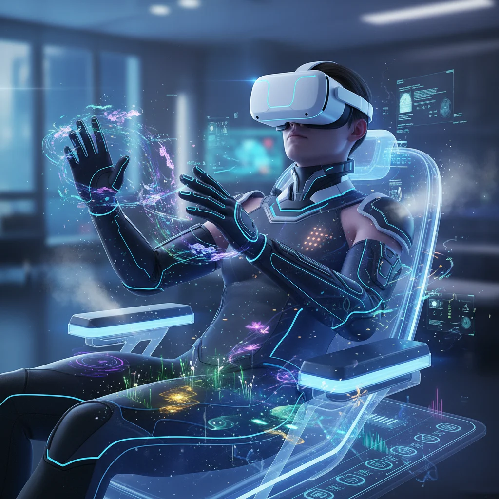 Person in VR headset with haptic gloves experiencing virtual reality.