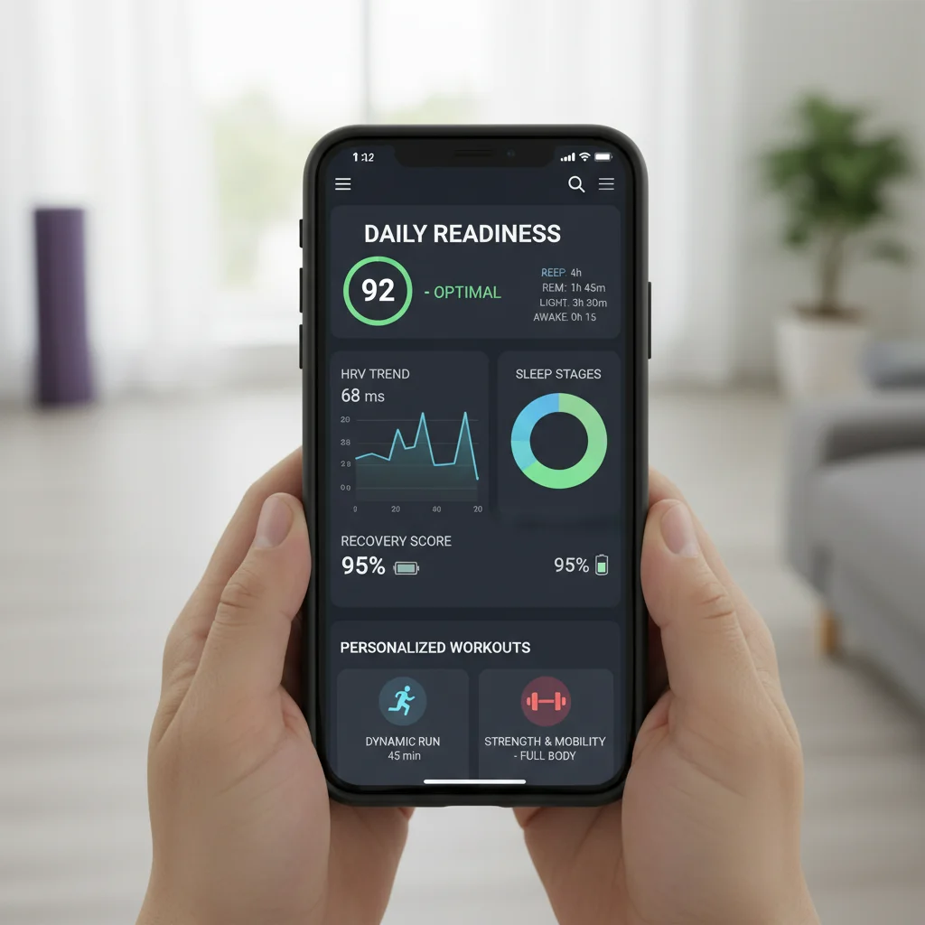 Detailed fitness app dashboard showing advanced health metrics and personalized recommendations.