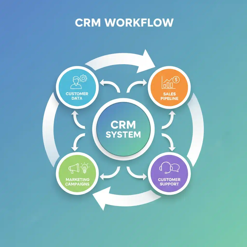 Infographic showing CRM system workflow and customer journey