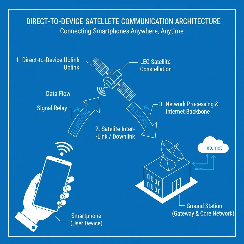 Diagram of direct-to-device satellite communication system, showing smartphone, LEO satellite, and ground station.
