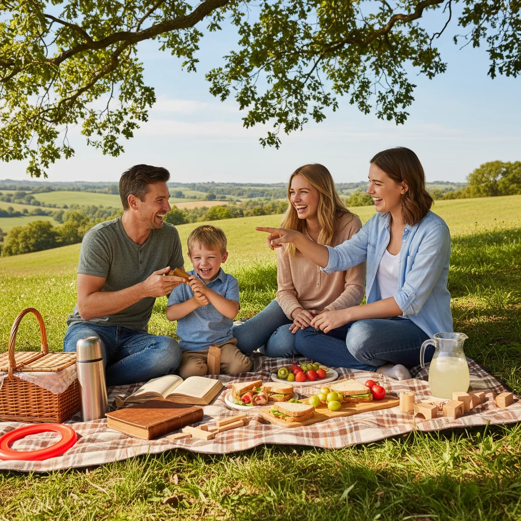 Family enjoying an unplugged picnic outdoors, fostering real-world connections
